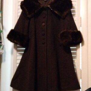 Elegant Chocolate Brown Coat with Faux Fur Trim